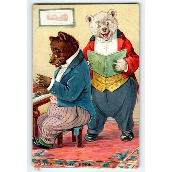 Dressed Bear Plays Piano Singing Tuck Fantasy Postcard A Very Funny Song 1910 - Picture 1 of 2